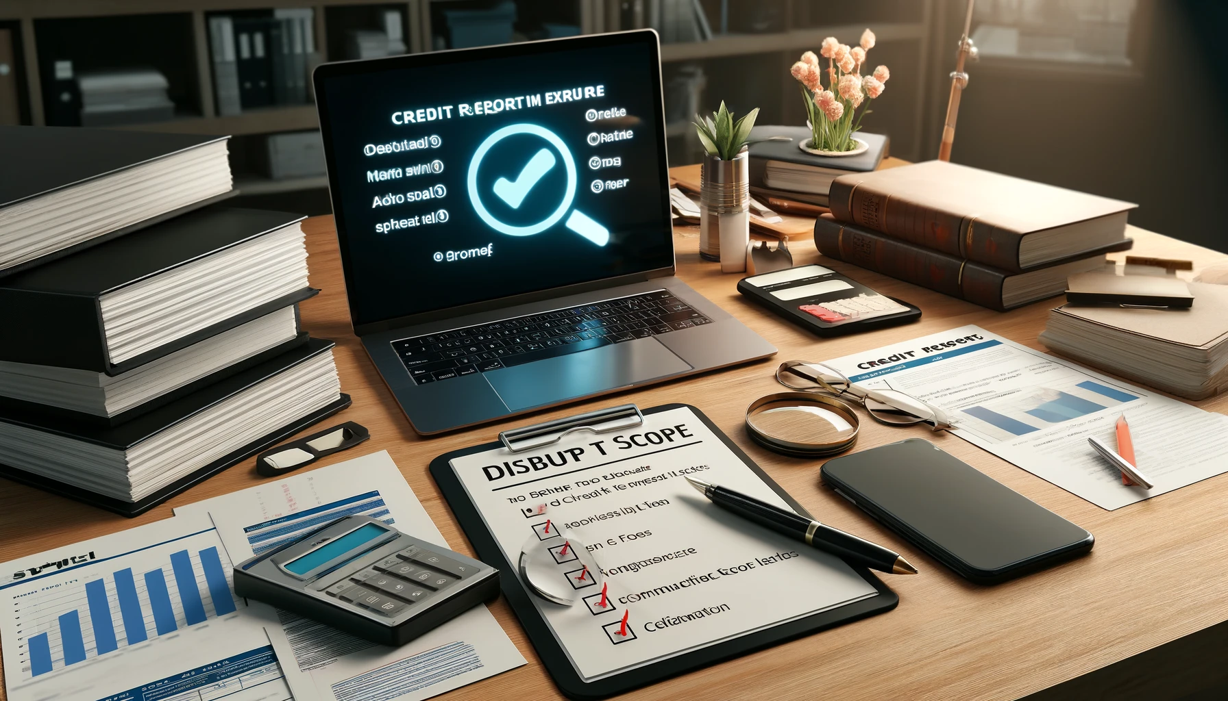 a desk with various financial documents, credit reports, magnifying glass, and a laptop displaying a credit score on the screen.